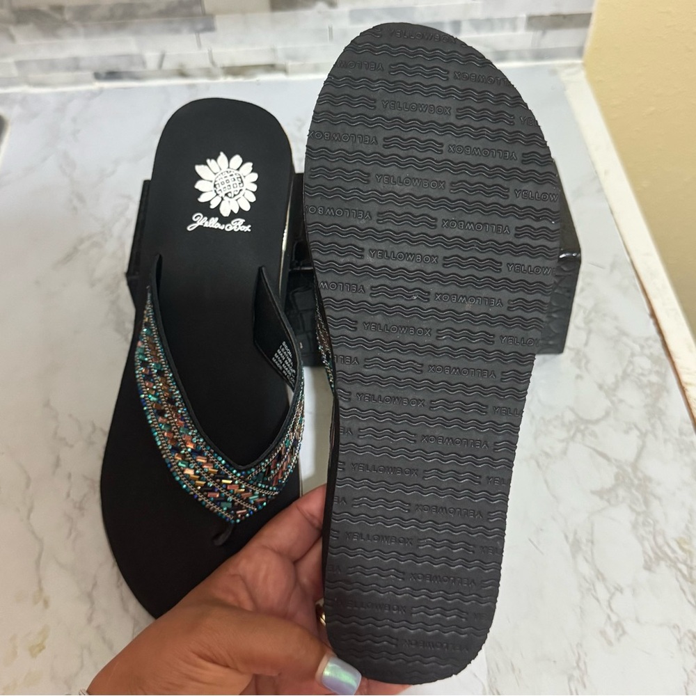 Yellow Box Black Sandals with Multicolor Turquoise Beading - Picture 6 of 7